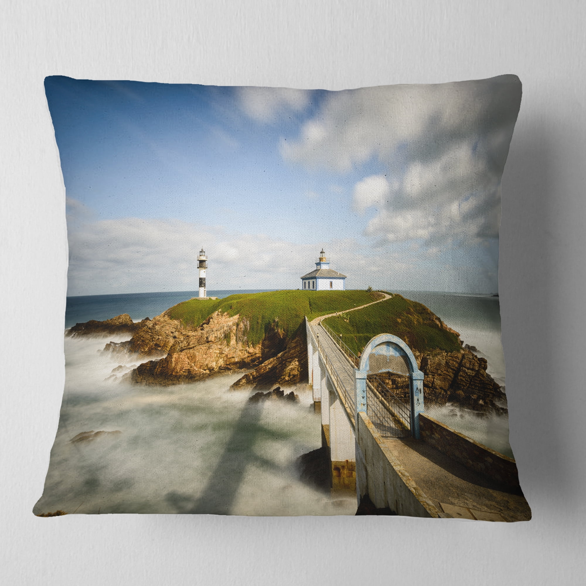 Designart Cloudy Illa Pancha Lighthouse - Seashore Photo Throw Pillow - 16x16