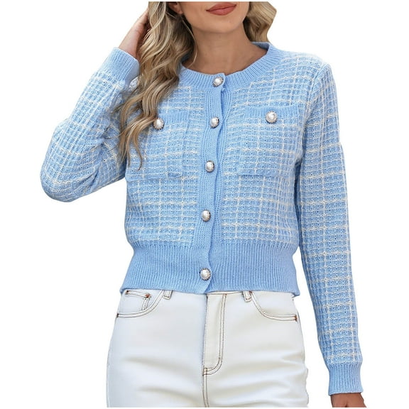 Kilaqueen Cropped Cardigan for Women Tweed Plaid Long Sleeve Crew Neck Button Down Knit Cardigan Fall Trendy Texture Cardigan