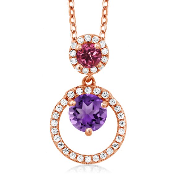 Gem Stone King 18K Rose Gold Plated Silver Purple Amethyst and Pink Tourmaline Pendant Necklace for Women (1.85 Cttw, Gemstone February Birthstone, Round 6MM and 4MM)