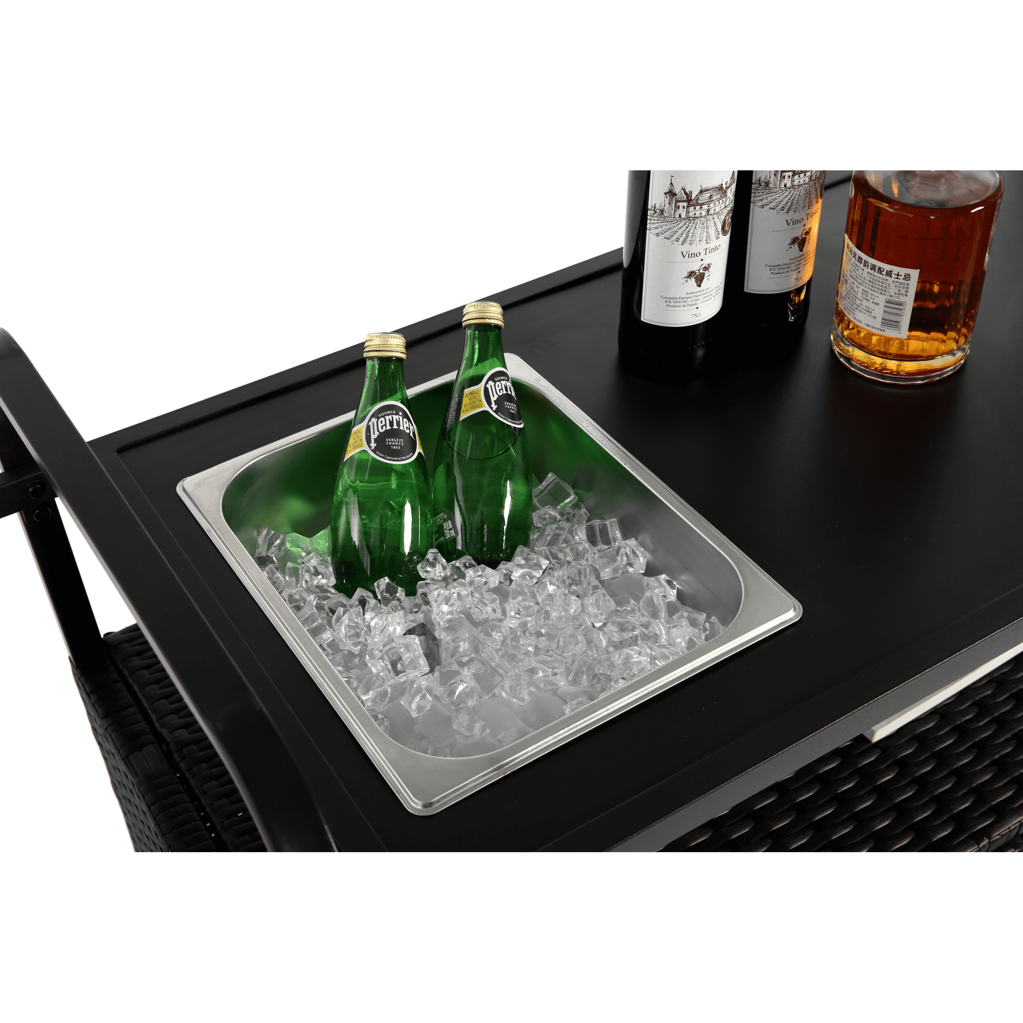 Outdoor Bar Cart,Wicker Bar Table Cart with Cabinet,Patio Serving Cart with Steel Top, Ice Bucket,Lockable Wheels, Side Basket for Garden, Poolside & Backyard,Black