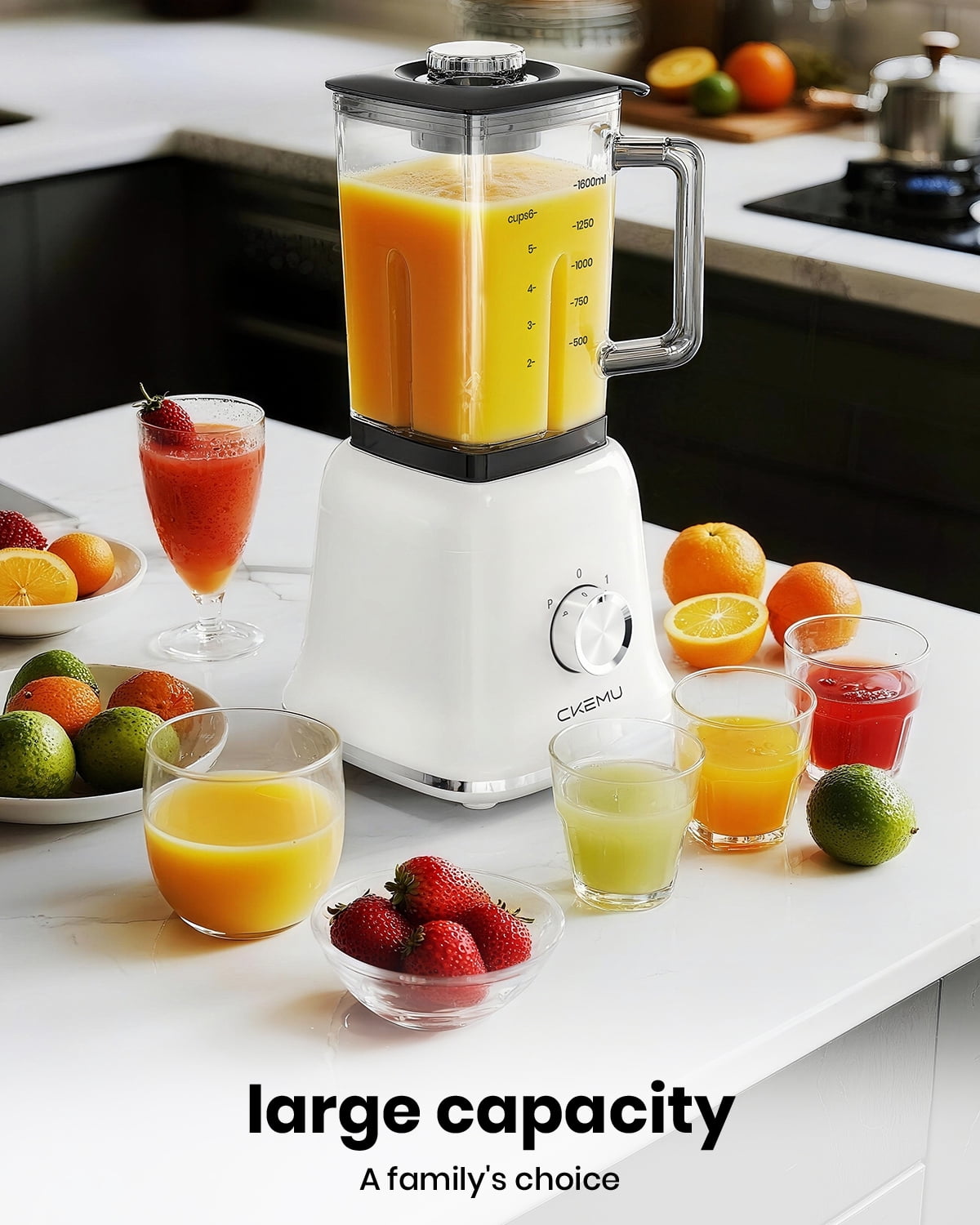 CKEMU Professional Blender for Smoothies & Ice Crushing,58 Oz Glass Jar High-Powered Countertop Blender,750W,White