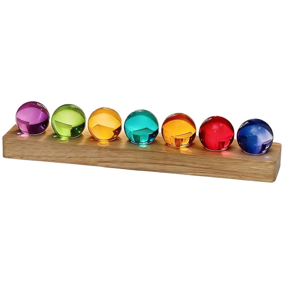 7 Pcs Chakra Spheres Set with Beech Wood Base, 1.6 Inch Polished Crystal Glass Spheres for Meditation, Home Decor & Night Light Decoration