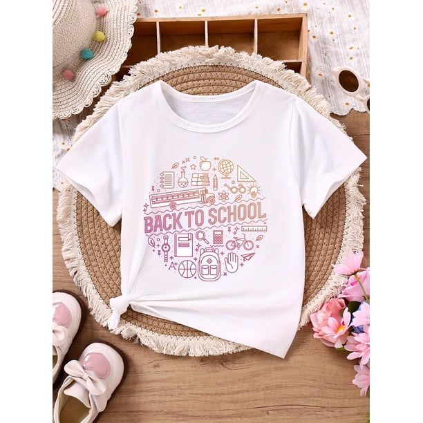 1pc Kids' Back to School Graphic T-Shirt - Breathable Knit Cotton Short Sleeve Tee with Playful Letter & Pencil Print, easy-Care Round Neck Top for Boys & Girls, outdoor Wear, Comfortable Fit