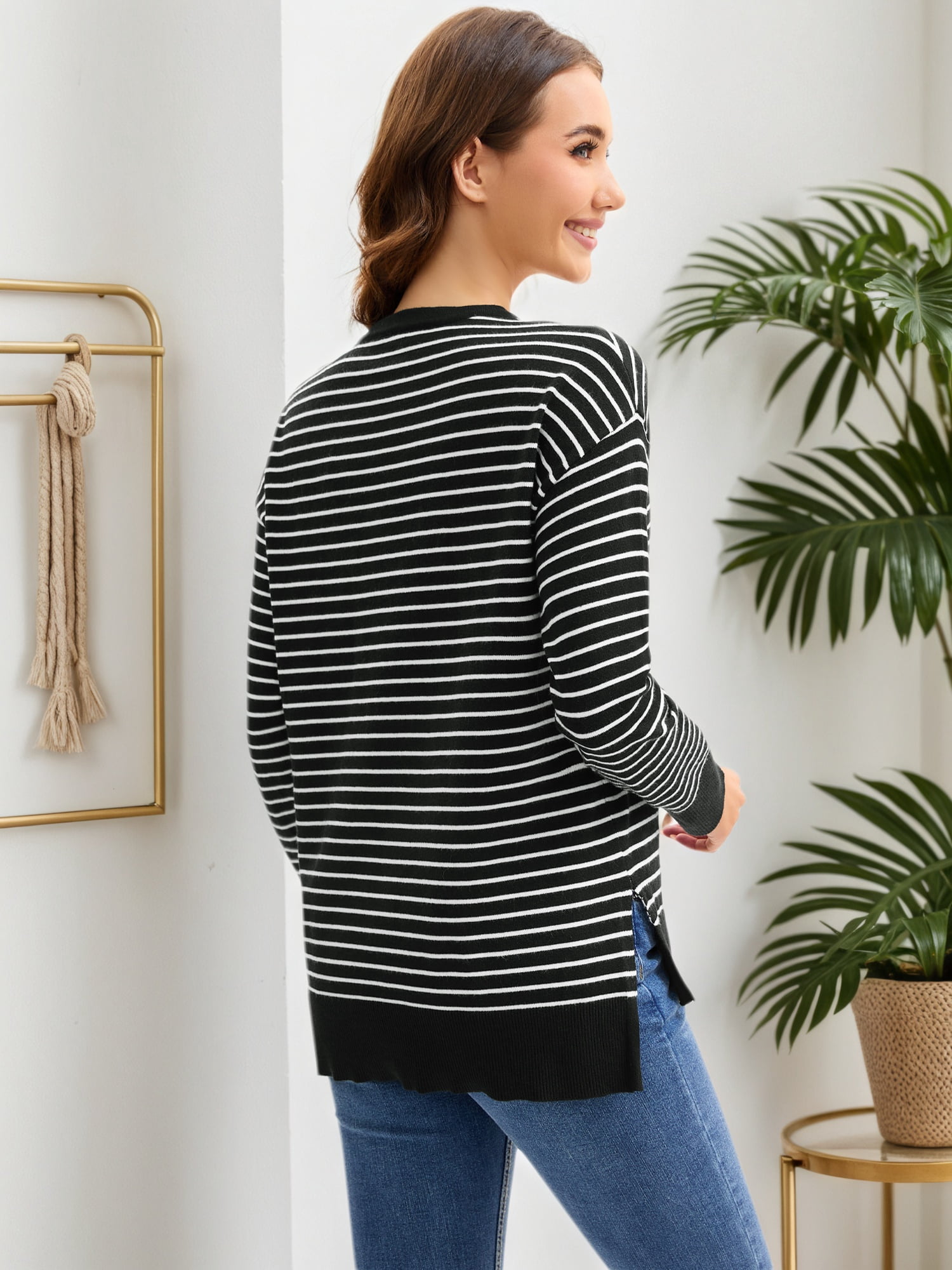 DARING DIVA Women's Striped Side Slits Long Sleeve Pullover Knit Tops S Black-white