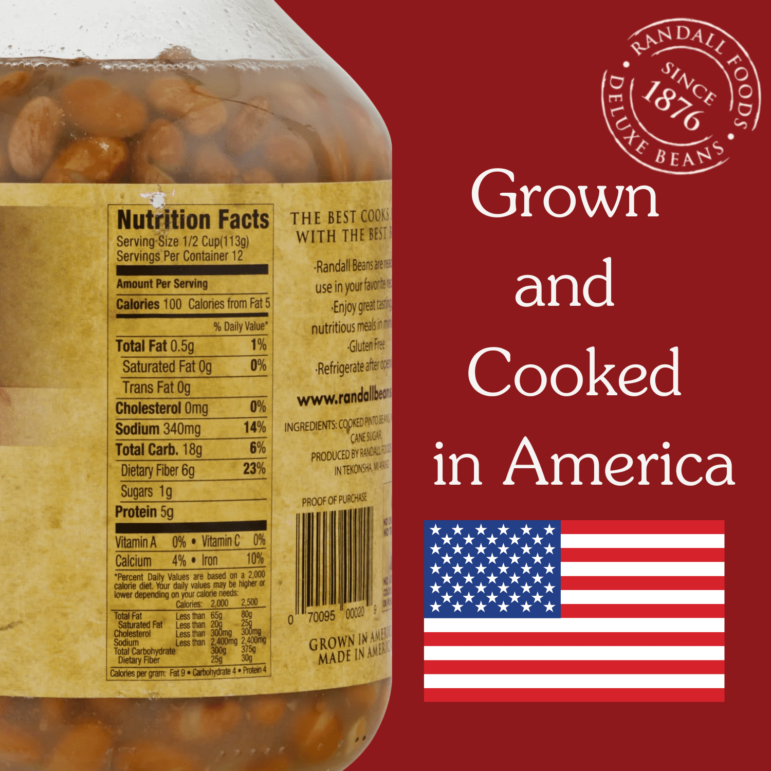 Randall Deluxe Pinto Beans, 48 oz Glass Jar – Fully Cooked, Family Size (No Spice)