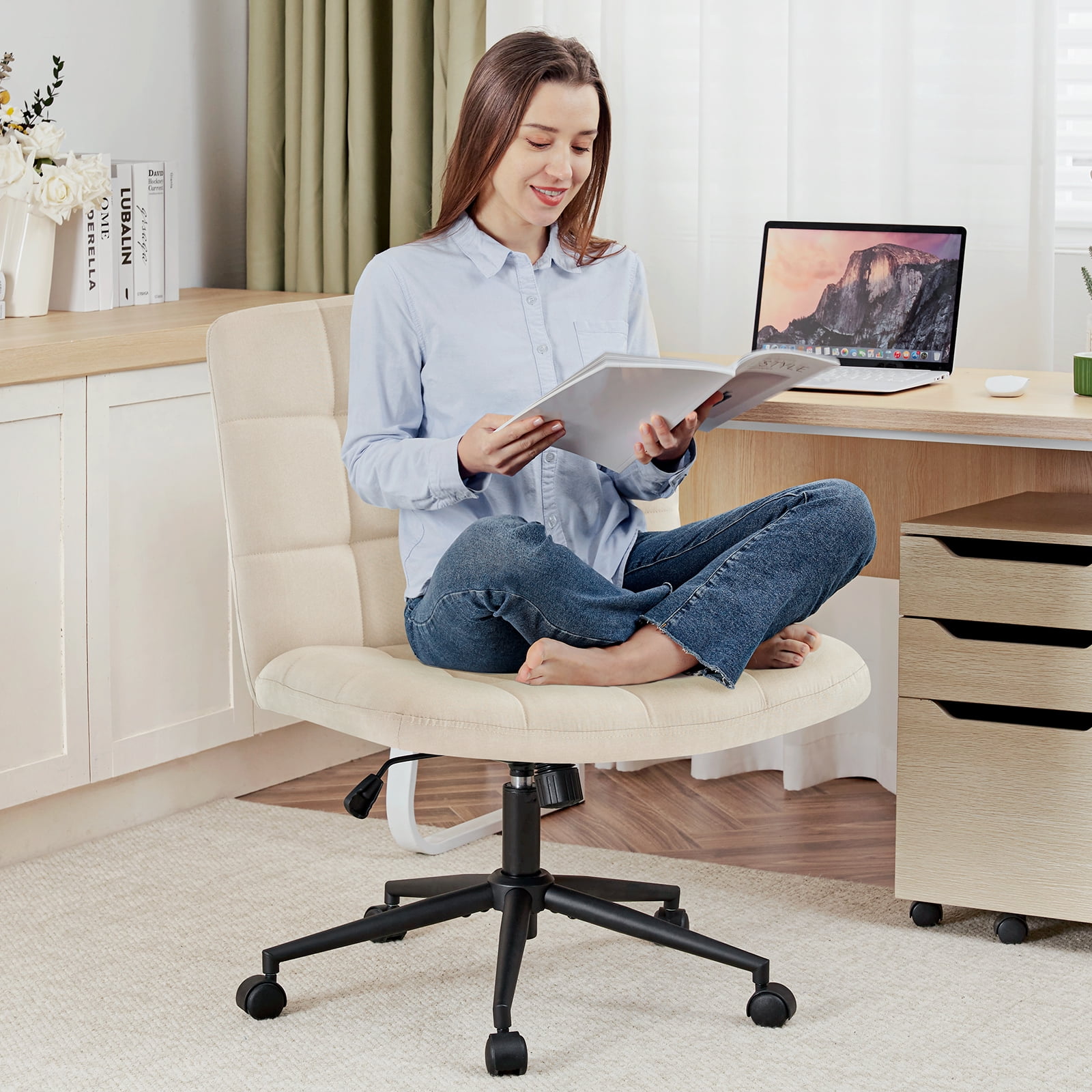 Furniliving Home Office Desk Chairs with Wheels Wide Desk Chair Mid Back Vanity Chair Modern Computer Desk Chair Swivel Accent Chair, Beige