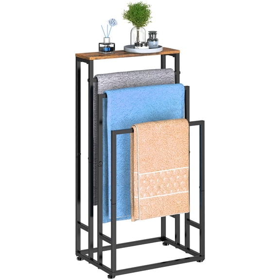 BTY 3 Tier Freestanding Towel Rack with Shelf, Rustic Brown Metal Standing Towel Holder for Bathroom, Dorm, and Laundry Room