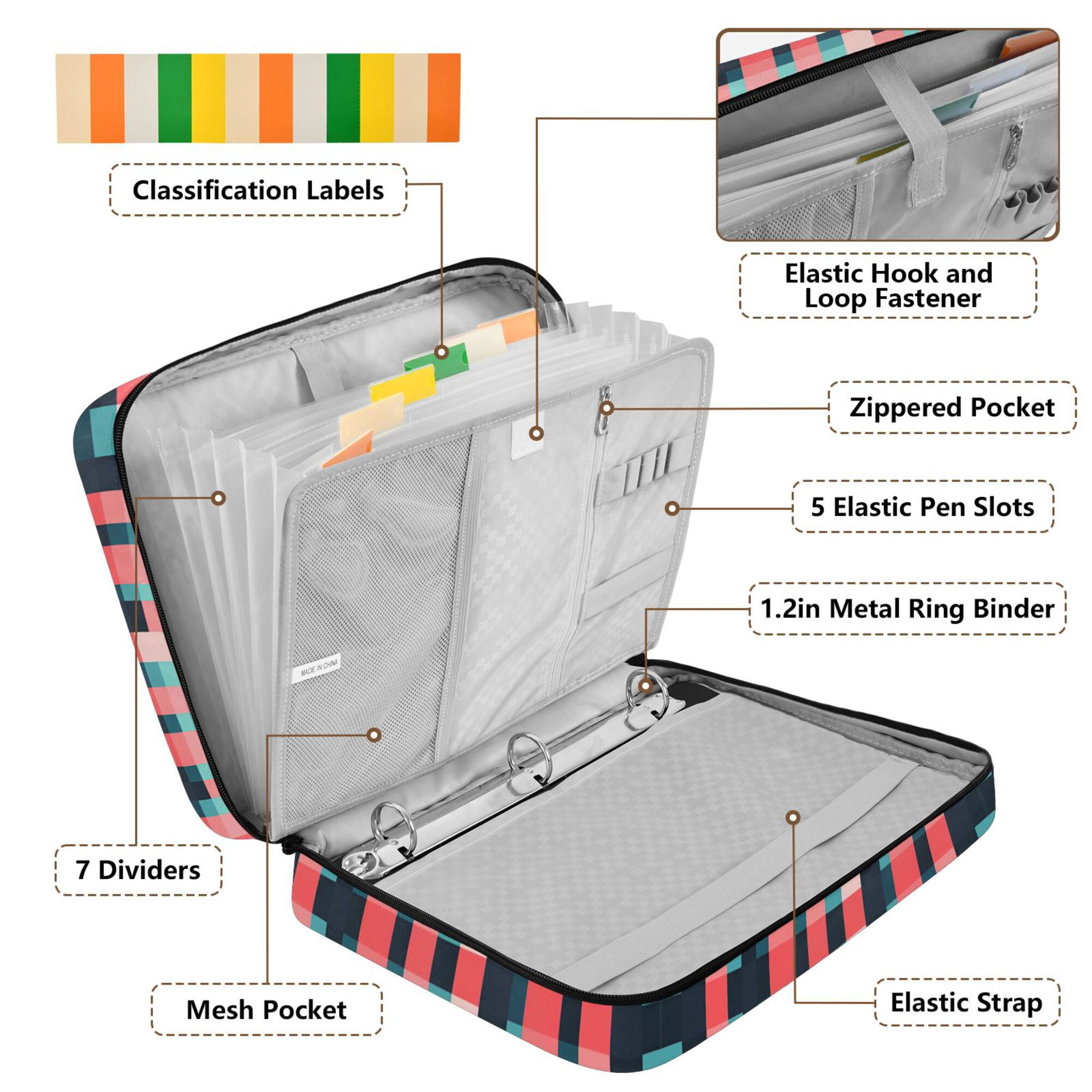 FORMRS Accordion File Folder A4 Size 7-Pocket Expanding Document Organizer Bag with 3 Ring Binder, Red Teal Stripes
