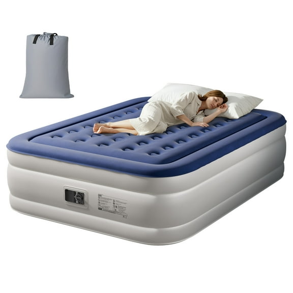 Ktaxon 18in Queen Air Mattress with Built-in Pump, Elevated Inflatable Airbed, Blow up Mattress for Camping Home Guests, Blue & White