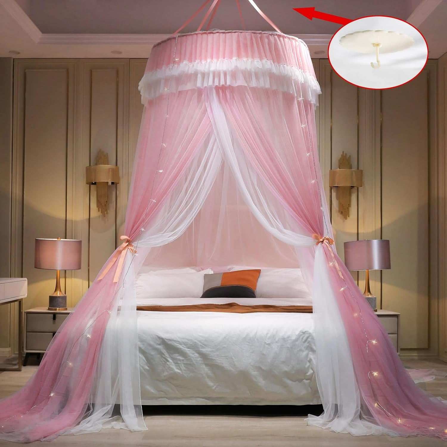 Girls and Adults Canopy Bed, Elegant Double-Layer Bed Curtain, Children's Dream Round Lace Mosquito Net, Princess Canopy Net - Fits Twin, Full, Queen, and King Beds (White/Blue)