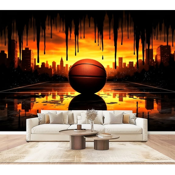 Basketball Wallpaper Basketball Reflective Court Fiery Peel and Stick Wall Murals 100"H x 144"W Removable PVC Wall Paper Self-Adhesive Wall Paintings Art Decor for Bedroom Living Room