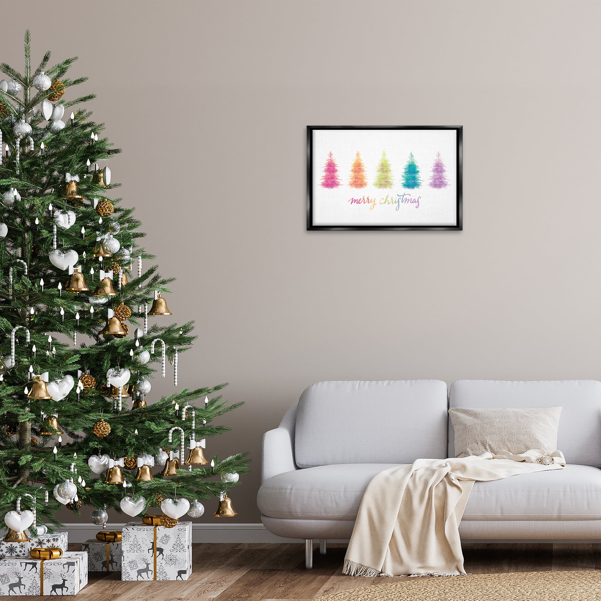 Stupell Industries Rainbow Christmas Trees Holiday Painting Black Floater Framed Art Print Wall Art, 25 x 17
