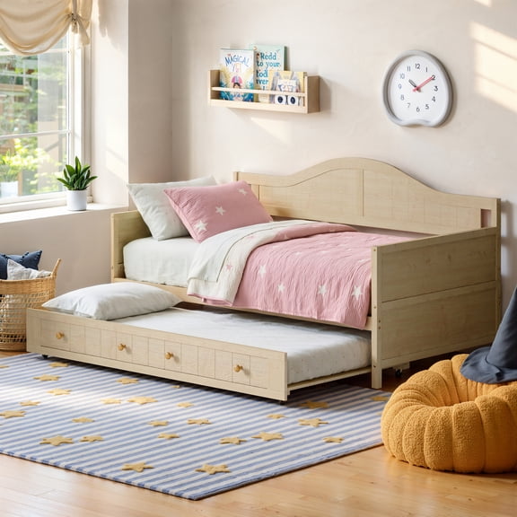 ChenyueFurn Twin Solid Wood Daybed with Rolling Trundle & Drawer,Natural