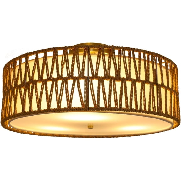 17.7" Boho Ceiling Lamp Flush Mount Ceiling Light 3-Lights Rattan Ceiling Light Fixture Hand-Woven Light for Bedroom Hallway Entryway Laundry Room