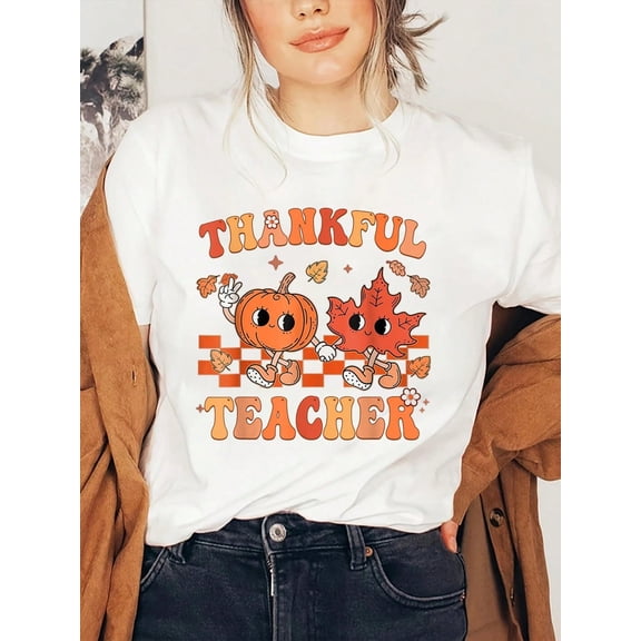 Thankful Teacher Retro Groovy Thanksgiving Fall T-Shirt, Graphic Tees Women