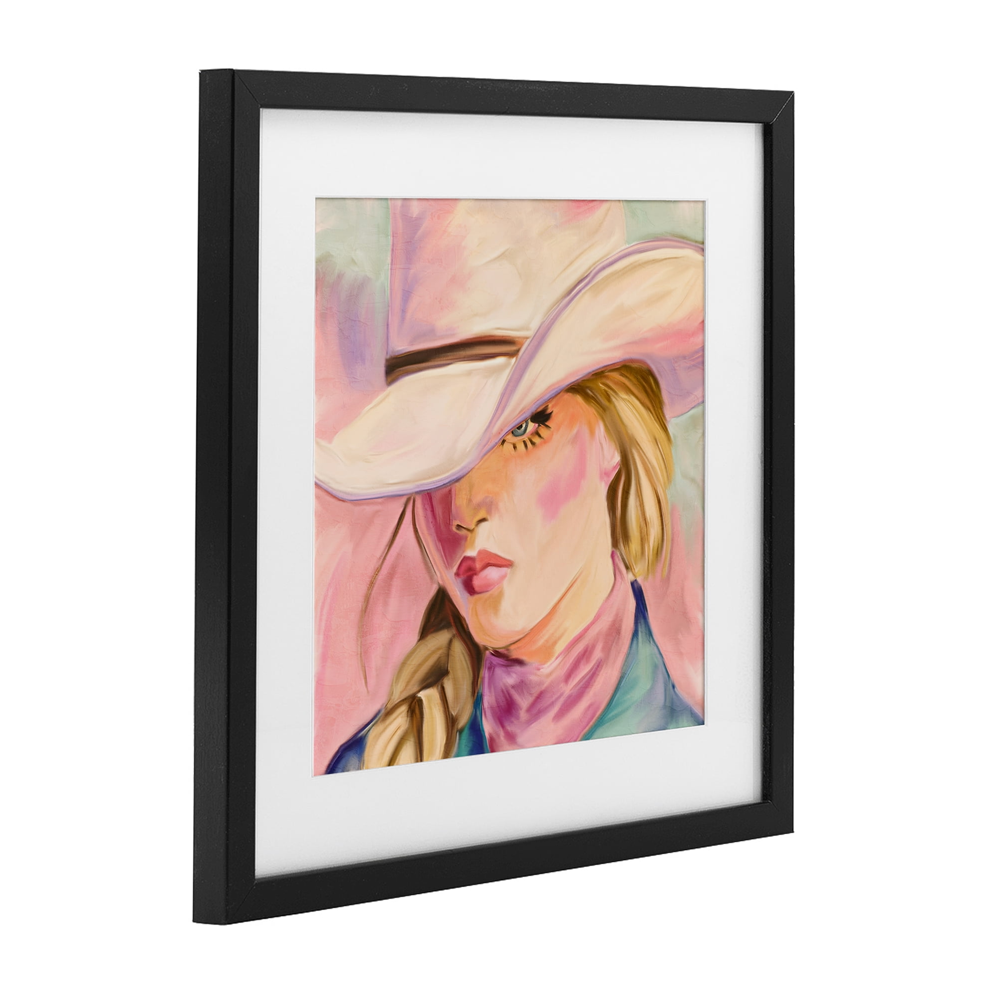 Pastel Cowgirl Gaze Beneath Hat Black Framed Print Under Glass, design by Kim Allen