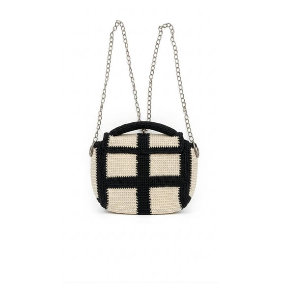 Women’s Crochet Shoulder Bag, Black & Cream Checkered Pattern with Chain Strap