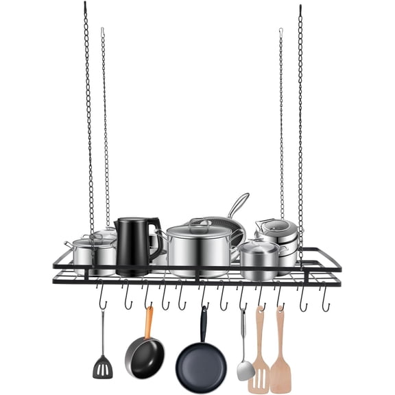 Hanging Pot Rack,Ceiling Mounted Pot Holder with 12 Hooks,Kitchen Cookware Organizer,Pot Hanger,Black