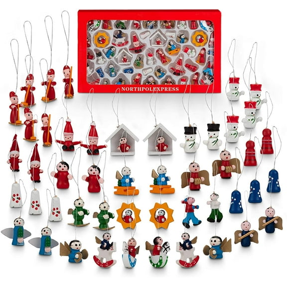 NorthPoleXpress Premium Mini Wooden Christmas Tree Ornaments - Set of 48 Ornament Figures Advent Calendar Stuffers Fillers - Santa Claus Snowman Angels - Tiny Hanging Vintage Miniature Decor