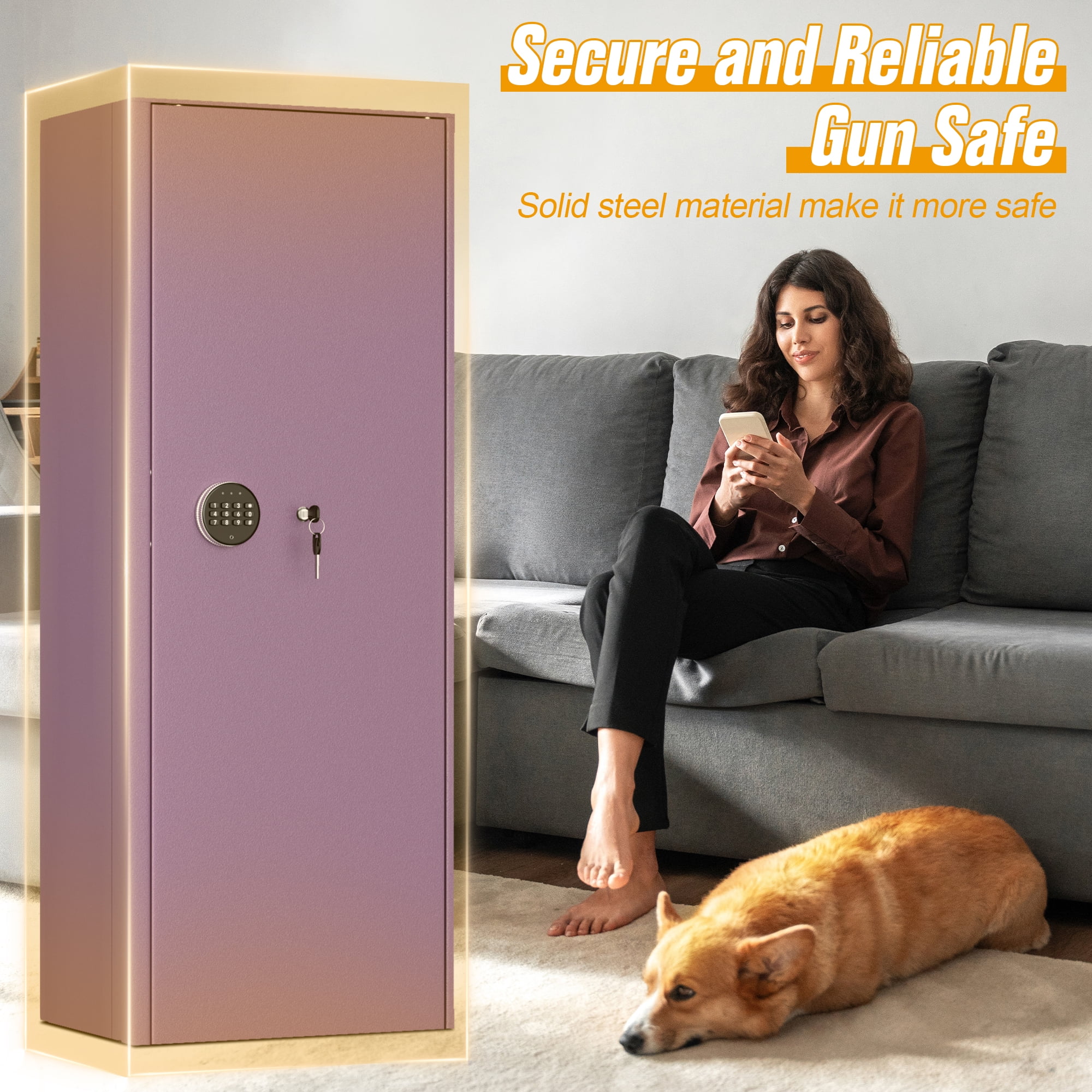 SUNCROWN 12-15 Gun Safe for Rifles and Pistols,Quick Access Rifle Gun Safe with Keyboard Lock, Gun Cabinets for Rifles and Shotguns with Pocket and Rifle Rack for Home（Purple）