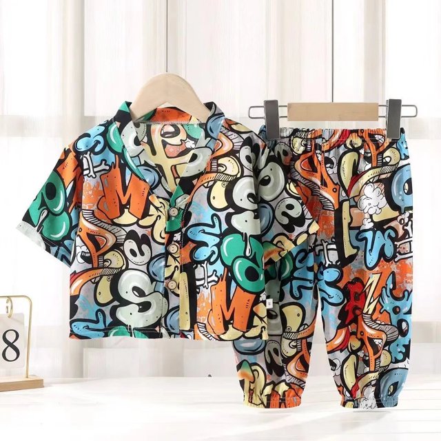 Conjunto de pijamas de seda para niños, traje de aire acondicionado de algodón Artificial de verano, ropa de hogar de seda de algodón para niños, conjunto de dos piezas para niños Cl