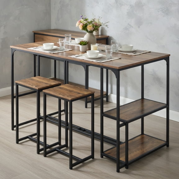 Resenkos 3-Piece Rustic Brown Bar Set: Counter-Height Table with 2 Stools