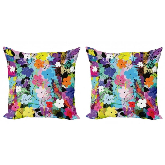 Ambesonne Colorful Throw Pillow Cover 2 Pack, Abstract Floral Art, 18", Multicolor
