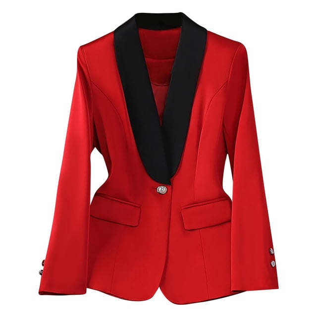 Veste de Costume pour Femmes avec Garniture de Couleur Contrastée, Manches Longues, Col Cranté, devant à Boutons, Longueur Régulière, Mélange Polyester-Spandex