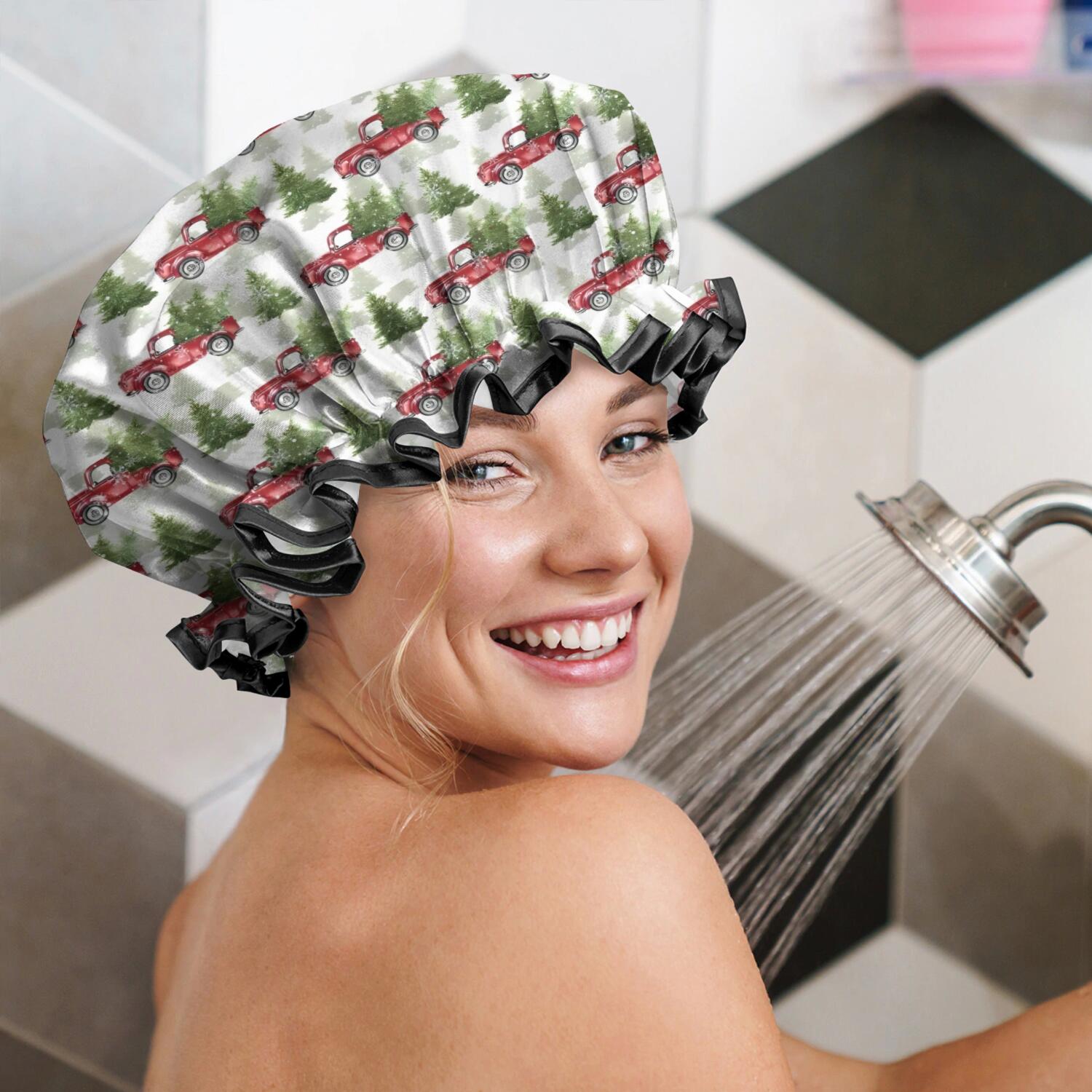 Shower Caps,White Christmas Red Truck and Tree Pattern Waterproof Shower Cap for Women 4 Pieces,Double Reusable Hair Cover for Shower PEVA Elastic Stretch Hem