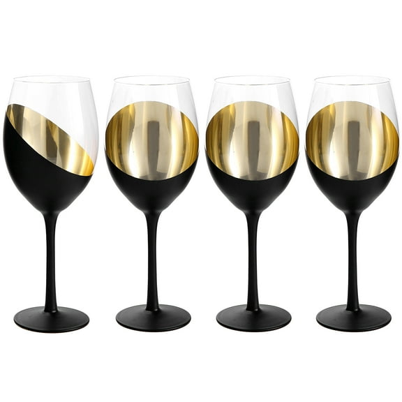 MyGift Set of 4 Matte Black & Gold Wine Glasses, 14 oz Stemmed Titled Design