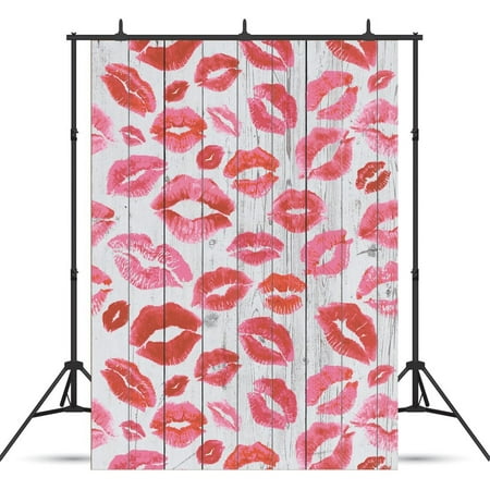 Image of MOHome 5x7ft Valentine s Day Red Lips Photography Backdrops Wood Photo Backdrop Studio Props