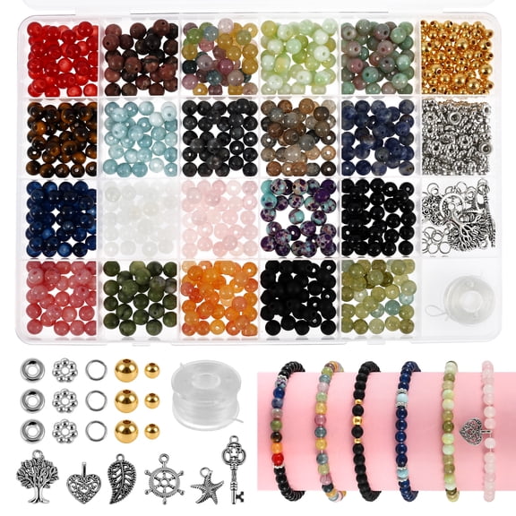 997pcs 6mm Natural Stone Beads Jewelry Making Kit Gemstone Crystal Round Loose Rock Polished Beads with Elastic Cord Spacers Charms Storage Box for DIY Bracelet Necklace Earring