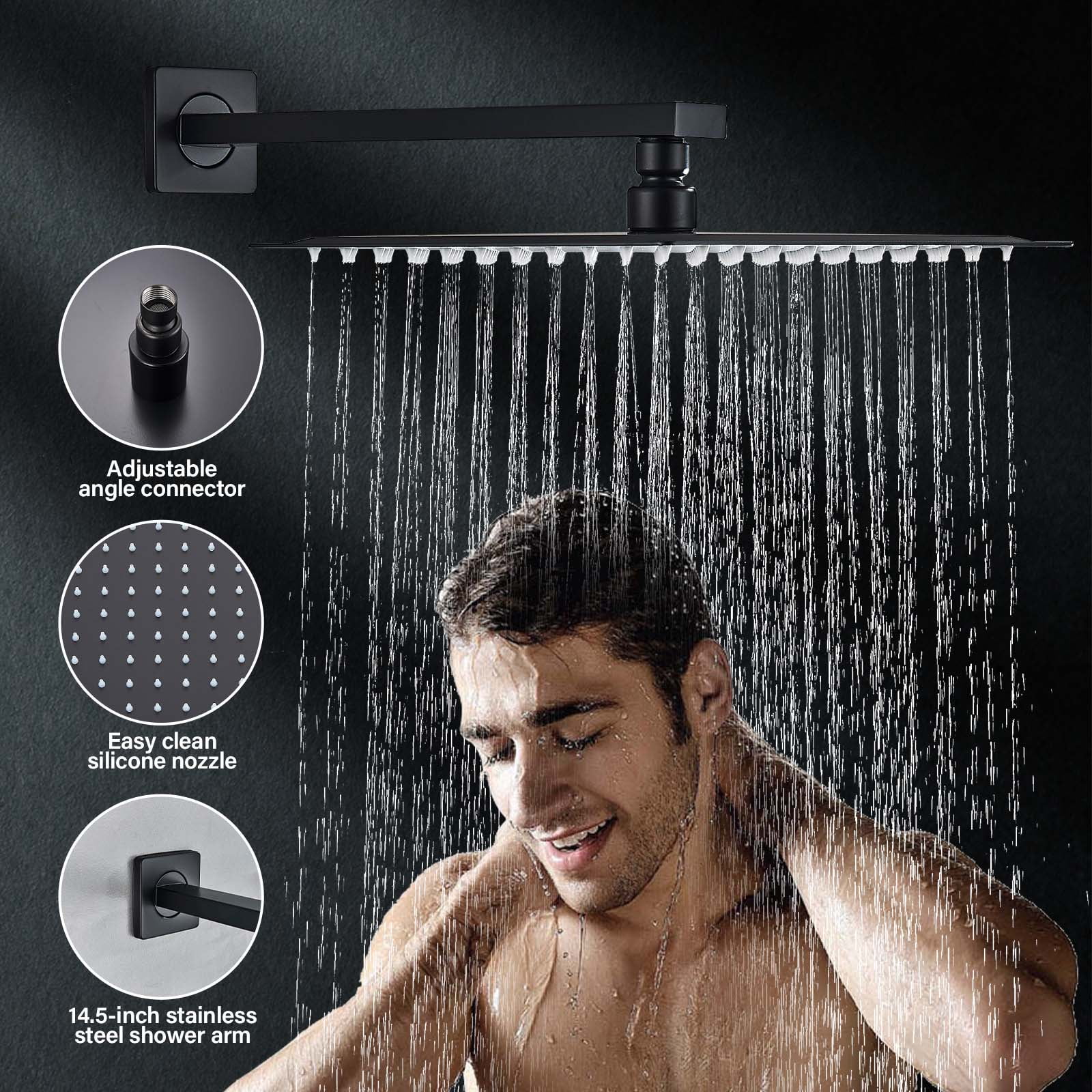 Zovajonia Matte Black Shower System 12 Inches Shower Faucet Set, Rain Shower Head with Handheld Spray Bathroom Wall Mount Shower Fixtures with Tub Spout