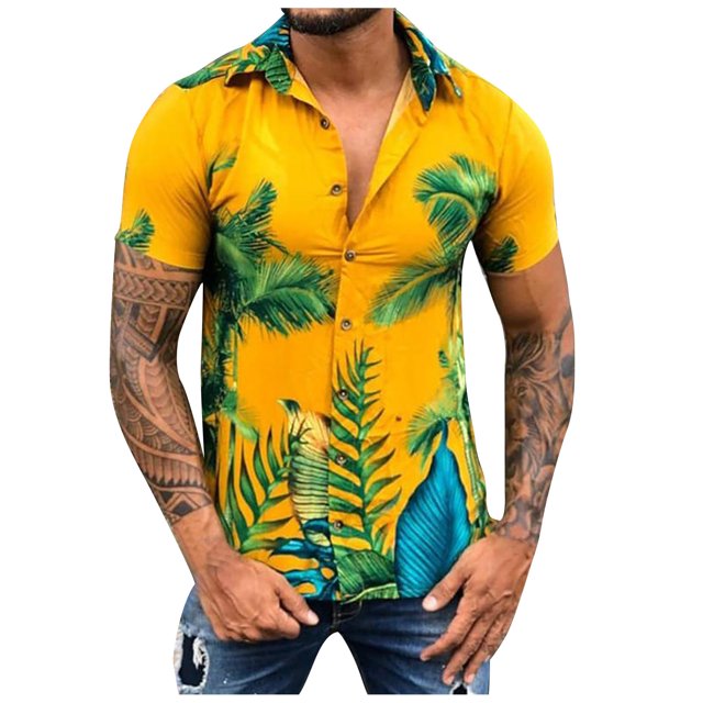 Camisa suelta de manga corta con estampado hawaiano y solapa para hombre Pompotops oipoqjl44721
