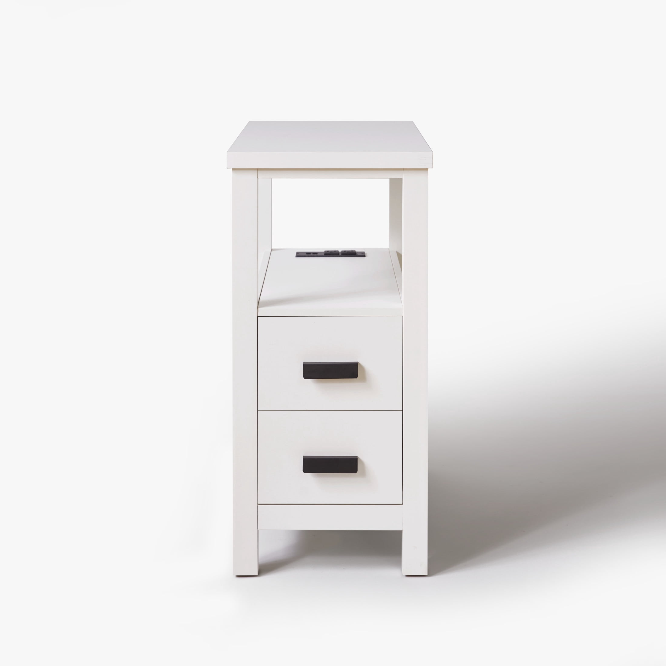 Noble House Marcus Modern End Table with Built-In Charging Station & 2 Drawers, Small Wood Bedside Table, White