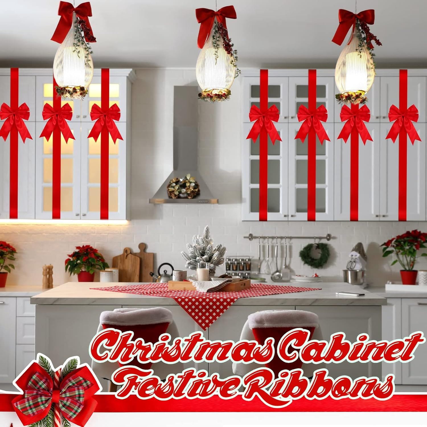18Pcs Christmas Cabinet Door Ribbons Bows 8 x 40 Inches Large Christmas Wreath Tree Bow for Gift Xmas Cabinets Furniture Kitchen Wrapping Party Decorations (Red)