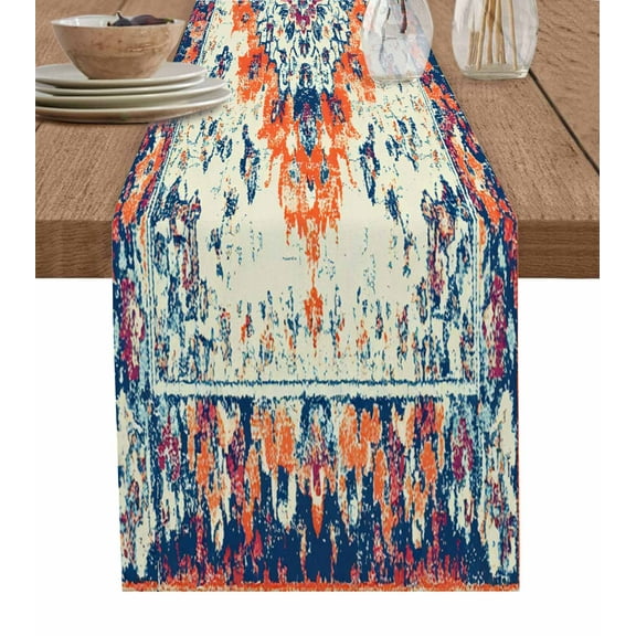 Orange Boho Table Runner-Cotton Linen- 108 Inch Holiday Dresser Scarves, Rustic Bohemian Ethnic Oriental Western Tablerunner for Kitchen Coffee/Dining Bedroom Living Room Dinner Scarf Décor 13x108