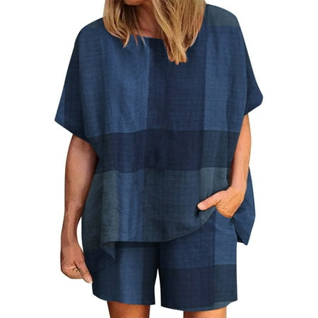 

Dadaria 2 Piece Outfits for Women Shorts Set Summer Round Neck Printed Short Sleeve Tops Shorts Two Pieces Set Suit Blue M Female