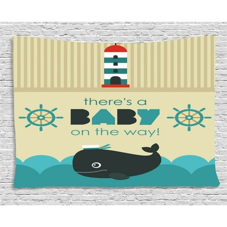 Ahoy Its a Boy Tapestry, Baby on the Way Message with Marine Theme Set Up Dolphin Wheel, Wall Hanging for Bedroom Living Room Dorm Decor, 80W X 60L Inches, Teal Dark Blue Khaki, by