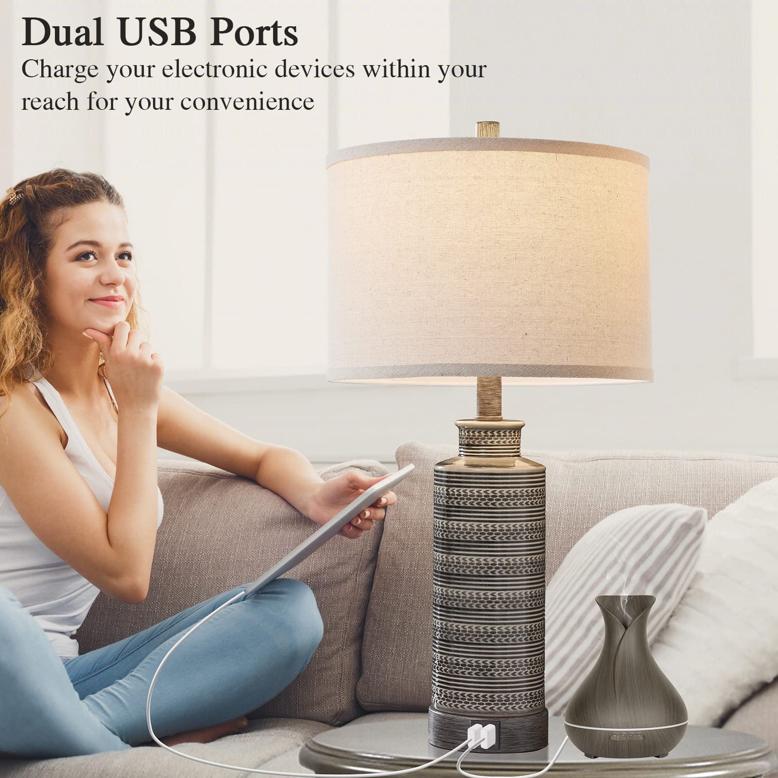 JUJUYUYOP Ceramic Table Lamp Set (2-Piece), 24" Three-Level Dimmable Bedside Lamp, Suitable for Bedrooms and Living Rooms