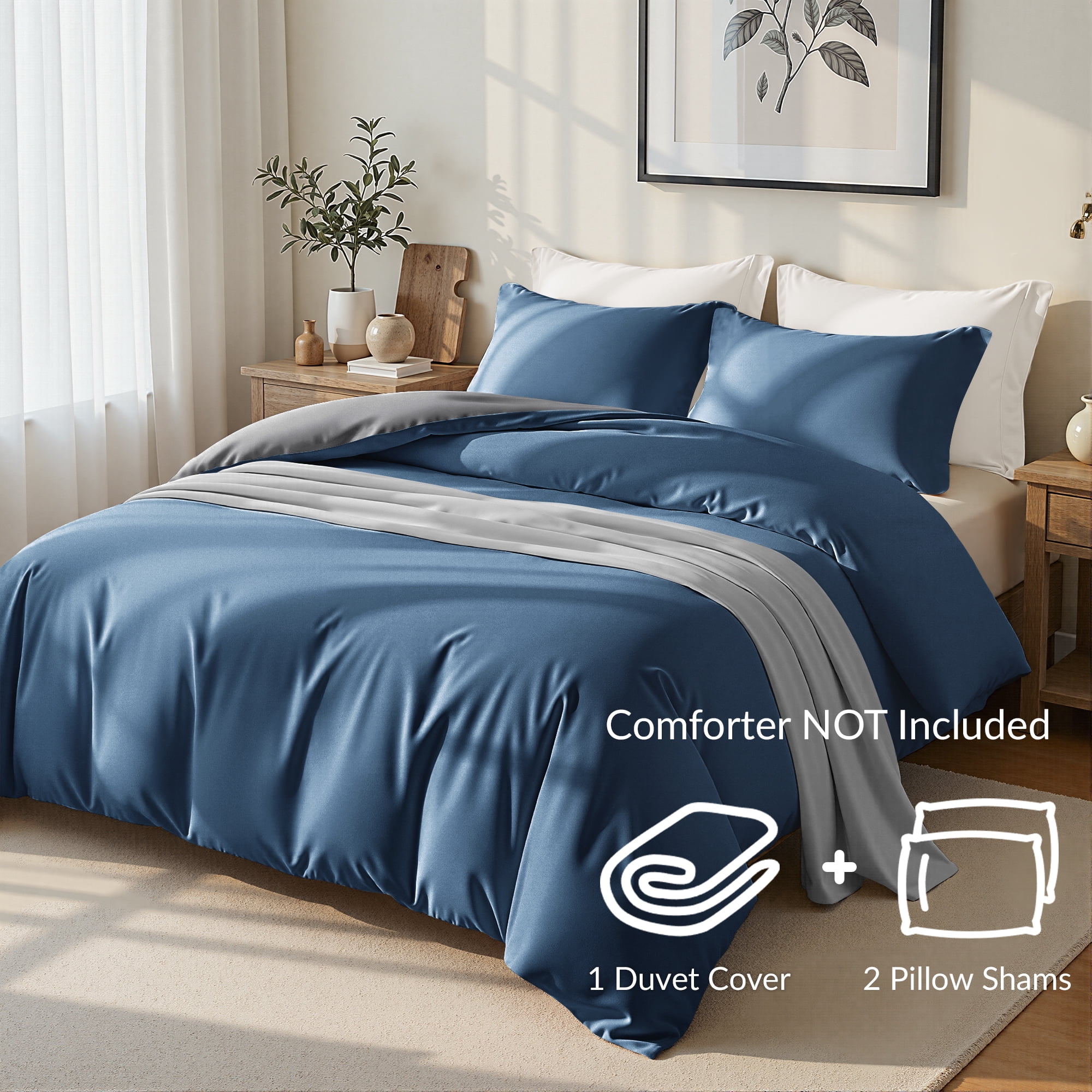 Exclusivo Mezcla King Bedding Duvet Cover Set, 3 Pieces Lightweight Comforter Cover with Pillow Shams (Dark Blue and Dark Grey)