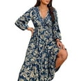 thumbnail image 3 of Females Boho Floral Long Sleeve Maxi Dress V Neck Waist Fall Wedding Guest Dresses with Pockets Navy Blue S, 3 of 9