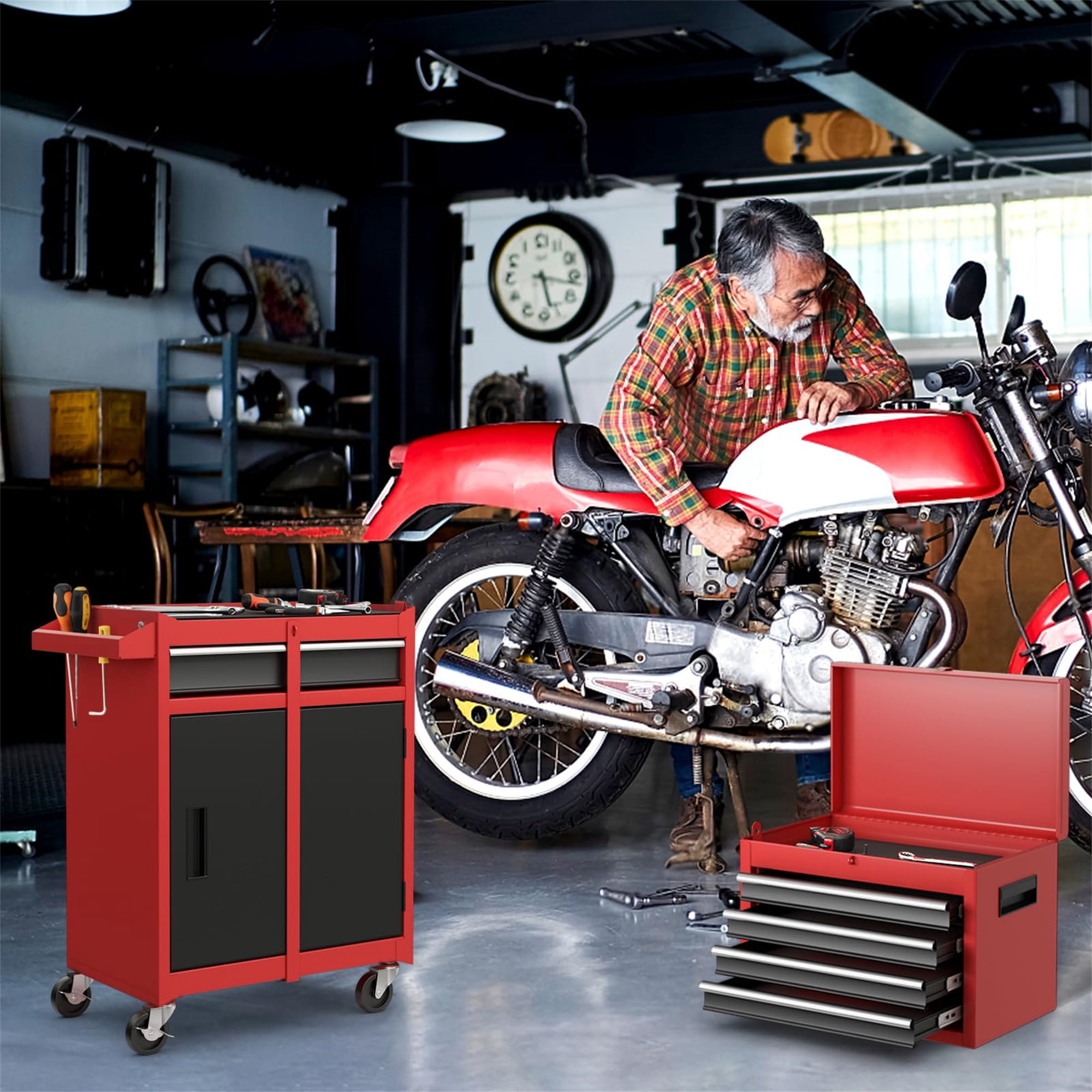 Aukfa Tool Box, 2-in-1 Rolling Tool Chest & Cabinet on Wheels for Garage Workshop, 5-Drawer, Red&Black