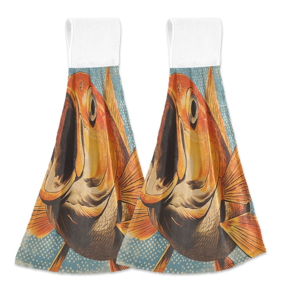 BZSMCE Hanging Hand Towels Fashion Golden Fish in A Dreamy Blue Ocean Pattern 2-Pack - Velcro Style Bathroom Kitchen Towels