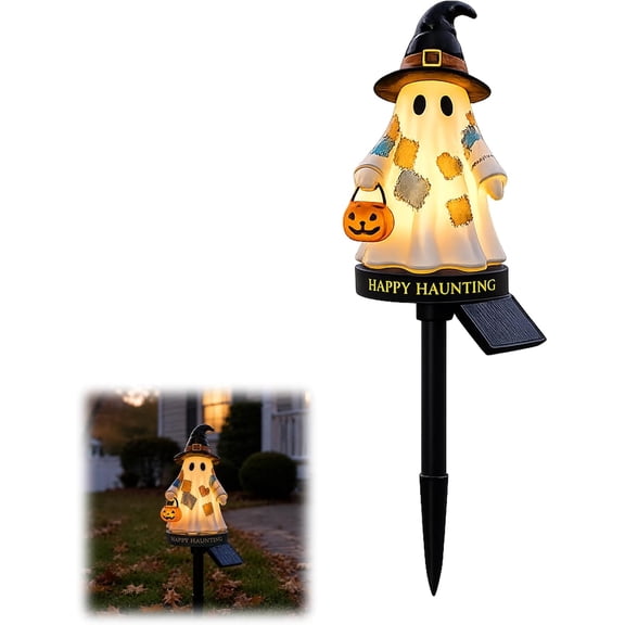Solar Ghost Garden Stake Light, Halloween Solar Powered Ghost Outdoor Garden Stake Decoration, Resin Ghost with Pumpkin Lantern, for Lawn Pathway Porch Flower Bed Halloween Decor (#C)