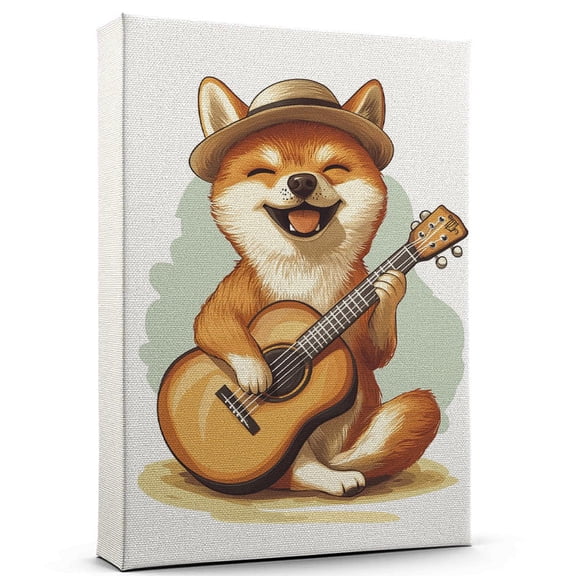Shiba Inu Cute Dog Ukelele Stretched Canvas Size 8x12 – Retro Shiba Inu Dog Batter in Action With Ukelele for Themed Living Room