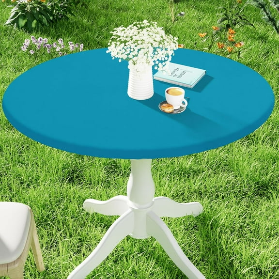 Round Spandex Tablecloth, Elastic Fitted Waterproof Tablecloths for 36"-44" Tables, Stretch Washable Picnic Table Cover for Camping, Dining, Indoor and Outdoor, Turquoise