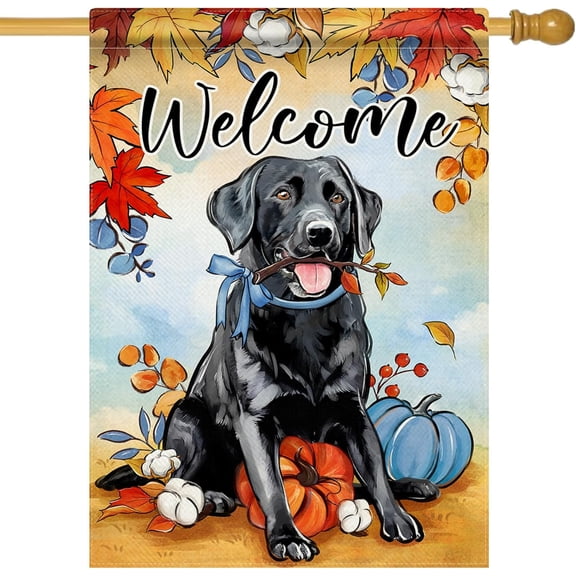 Welcome Fall Black Labrador Dog Decorative Garden Flag, Autumn Pet Pumpkin Maple Leaves Yard Outside Decorations Dog Lover Gift, Thanksgiving Outdoor Small Home Decor Double Sided 28 x 40in