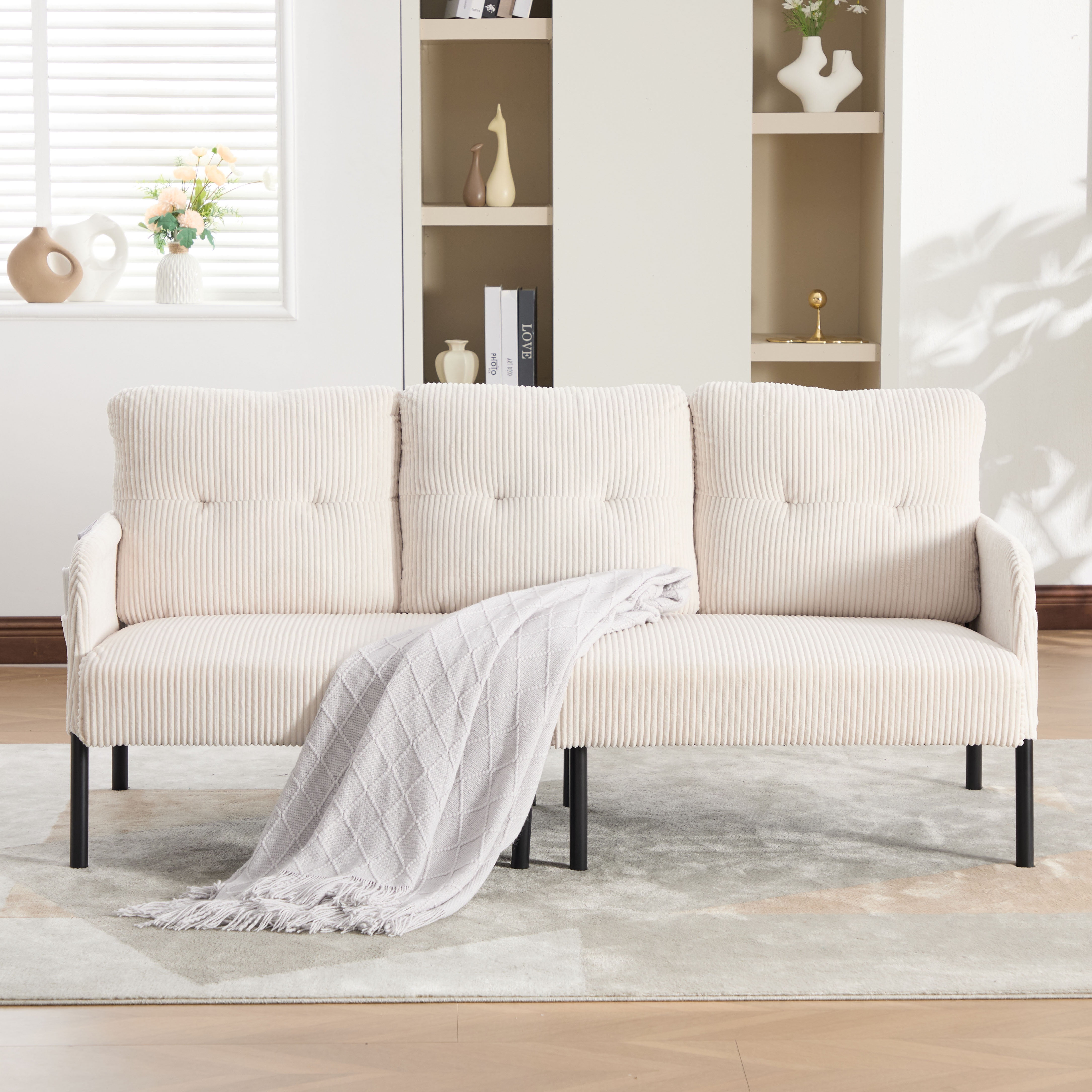 S-HOME Modern Plush Corduroy Upholstered Loveseat with Dual Side Pockets and Metal Legs, Sofa for Apartment, Beige
