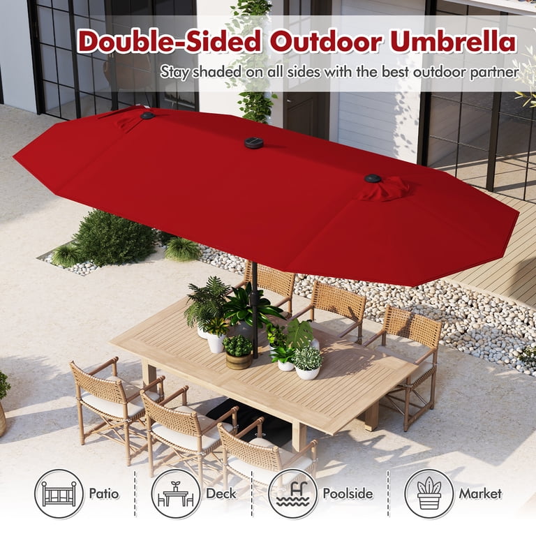 cheap umbrella for patio table PURPLE LEAF 15x9ft Double-Sided Rectangular Outdoor Market Patio Umbrella with Base, Light Grey